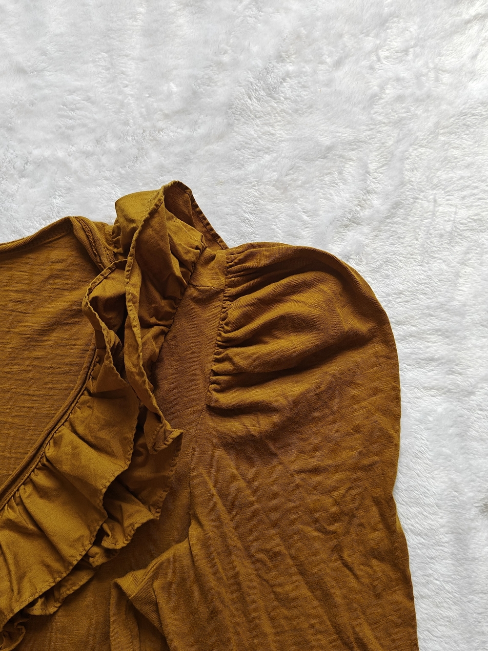 Anthropologie Women Solid Mustard Cotton Knit Ruffle V-Neck Puff Sleeve Blouse L - Picture 5 of 10